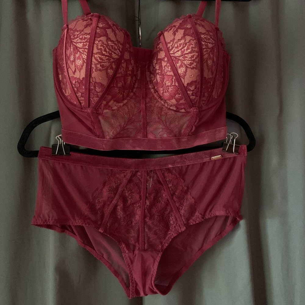 COPY - Bijou Jazmina Lingerie Set: Sheer Lace+Velvet Longline Balconette & Chee…